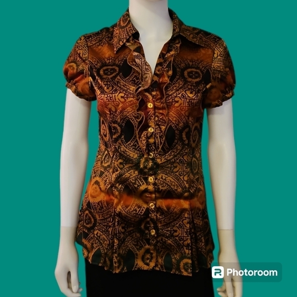 SPENSE Tribal Batik Satin Button Down Short Sleeve Shirt Small - Picture 1 of 9